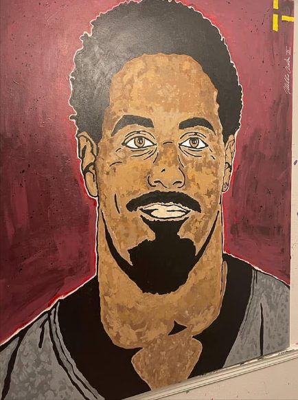 Willie Austin's portrait of Cam Jordan on a deep red background
