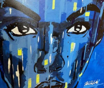 Close view of the eyes in the blue portrait