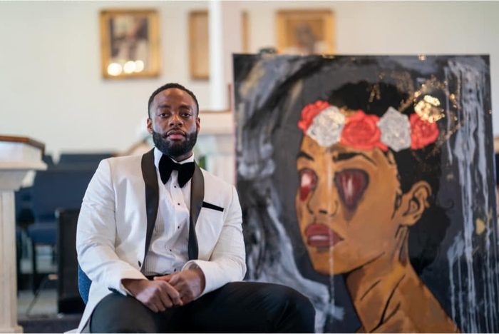 Willie Austin in a white dinner jacket, seated beside Sightless Bride