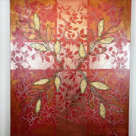 The full Untitled canvas, red with branches of gold leaves
