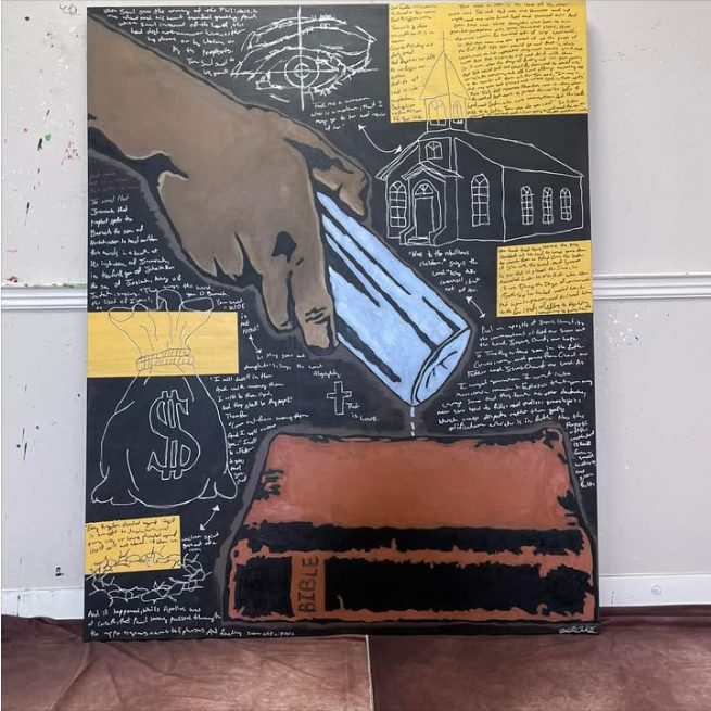 Dirty Hand or Dirty Heart?, a painting of a hand pouring water from a bottle above a church and a money bag, with handwritten notes on black and yellow