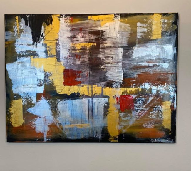 Gold Trails, an abstract painting of gold, white, red and blue strokes on black