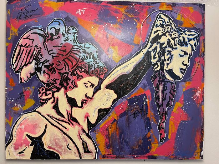 Painting of a classical figure in a winged helmet holding up a severed head, in pink, violet and orange
