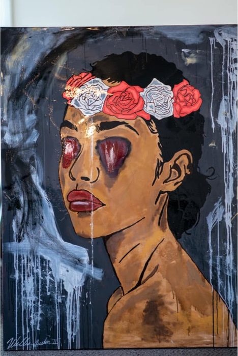 Sightless Bride, a painting of a woman in a crown of red and white roses with red, bleeding eyes, on black and gray with white drips