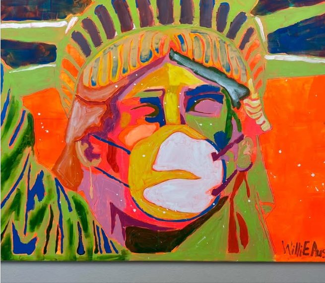 Stay Safe America, a bright pop art Statue of Liberty wearing a white face mask on orange and green