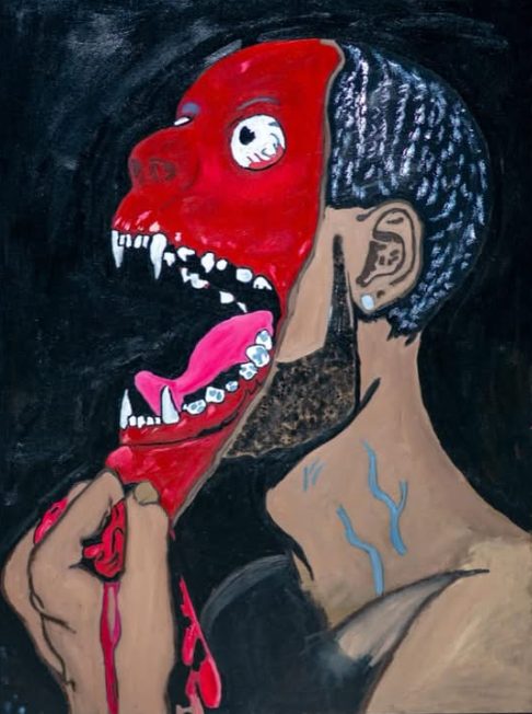 Willie I Love You, But, a painting of a red, fanged face over a man's profile on black