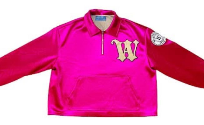 Pink Willie Austin quarter zip pullover with a cream W