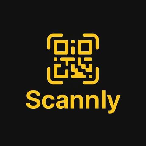 Scannly's app icon: a yellow QR code mark and the word Scannly on black