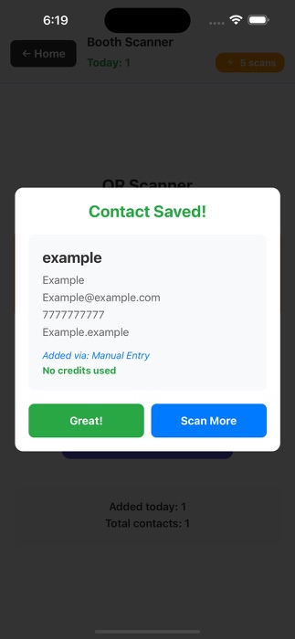 Scannly 2.6 Contact Saved card for a demo contact, added by manual entry with no credits used