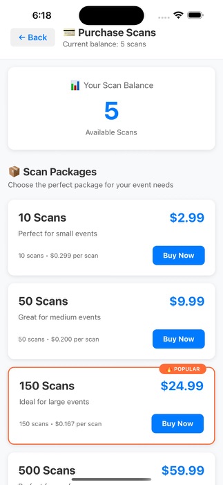 Scannly 2.6 Purchase Scans screen showing a balance of 5 scans and packs of 10 scans for $2.99, 50 for $9.99 and 150 for $24.99