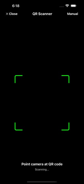 Scannly 2.6 QR scanner, a black camera view with green corner guides and the line Point camera at QR code