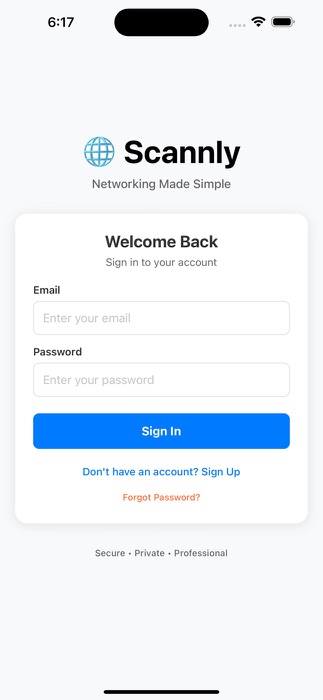 Scannly 2.6 sign in screen with the line Networking Made Simple