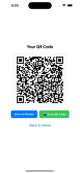 Scannly 2.6 Your QR Code screen with a QR code and buttons to save it to Photos or scan a QR code